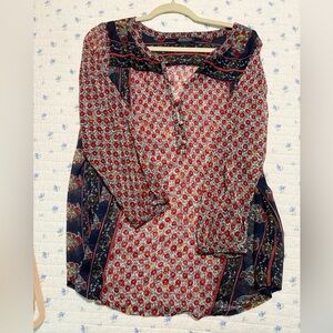 Lucky Brand Floral Print Boho Western Sheer Women's Top Blouse Res & Navy Medium